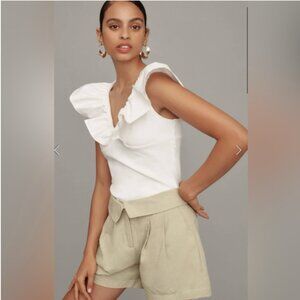 NWT Anthropologie | Dolan | White Knit Ruffle V-Neck Preppy Neutral Top, XL